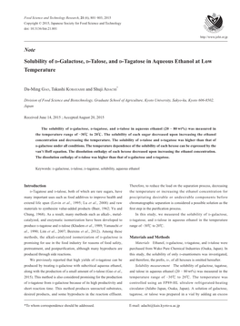 Note Solubility of D-Galactose, D-Talose, and D-Tagatose In