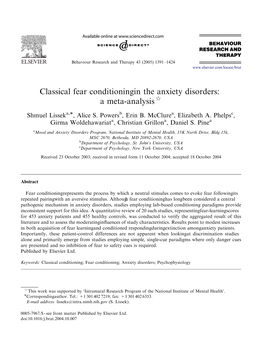 Classical Fear Conditioning in the Anxiety Disorders