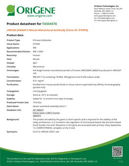 LRRC50 (DNAAF1) Mouse Monoclonal Antibody [Clone ID: OTI5F8] Product Data