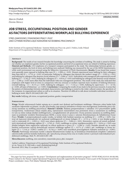 Job Stress, Occupational Position and Gender As Factors Differentiating Workplace Bullying Experience