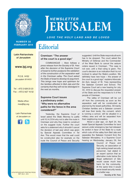 JERUSALEM L O V E T H E H Oly Land and Be Loved Number 30 February 2014 Editorial
