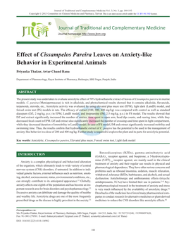 Effect of Cissampelos Pareira Leaves on Anxiety-Like Behavior In
