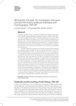 Writing the Irish Past: an Investigation Into Post-Primary Irish History Textbook Emphases and Historiography, 1921–69’