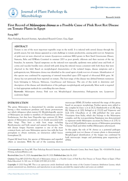 First Record of Melanospora Chionea As a Possible Cause of Pink Root Rot Disease on Tomato Plants in Egypt