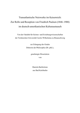 Zur Rolle Und Rezeption Von Friedrich Paulsen (1846–1908) Im Deutsch-Amerikanischen Kulturaustausch