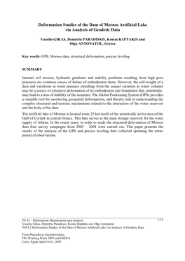 Deformation Studies of the Dam of Mornos Artificial Lake Via Analysis of Geodetic Data