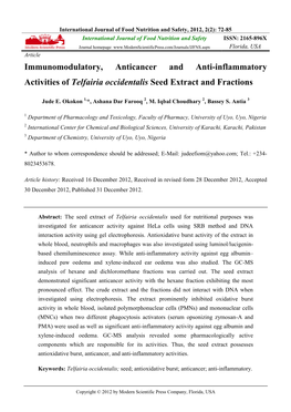 Immunomodulatory, Anticancer and Anti-Inflammatory Activities of Telfairia Occidentalis Seed Extract and Fractions
