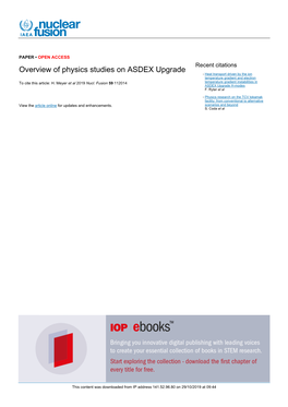 Overview of Physics Studies on ASDEX Upgrade - Heat Transport Driven by the Ion Temperature Gradient and Electron to Cite This Article: H