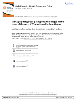 Managing Dangerous Pathogens: Challenges in the Wake of the Recent West African Ebola Outbreak