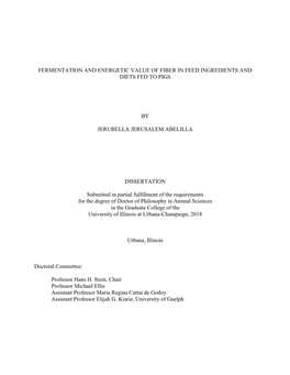 Fermentation and Energetic Value of Fiber in Feed Ingredients and Diets Fed to Pigs