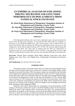 AN EMPIRICAL ANALYSIS of EXPLAINING PRICING MECHANISM and LONG TERM PERFORMANCE of IPOS: EVIDENCE from NATIONAL STOCK EXCHANGE Dr