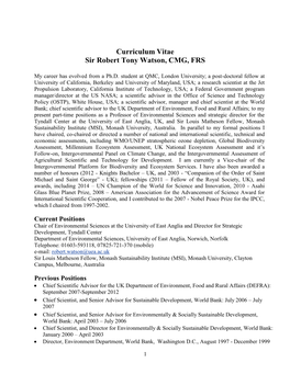 Curriculum Vitae Sir Robert Tony Watson, CMG, FRS