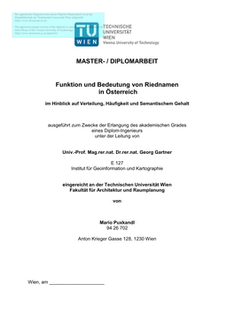 MASTER- / DIPLOMARBEIT Funktion Und Bedeutung Von Riednamen In