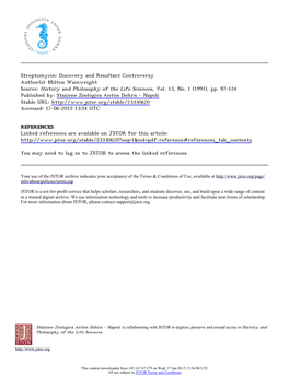Streptomycin: Discovery and Resultant Controversy Author(S): Milton Wainwright Source: History and Philosophy of the Life Sciences, Vol