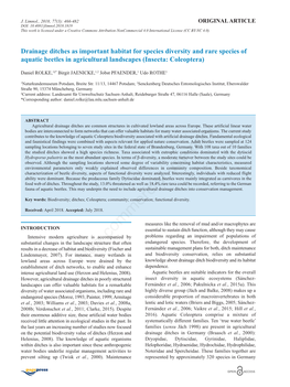 Drainage Ditches As Important Habitat for Species Diversity and Rare Species of Aquatic Beetles in Agricultural Landscapes (Insecta: Coleoptera)