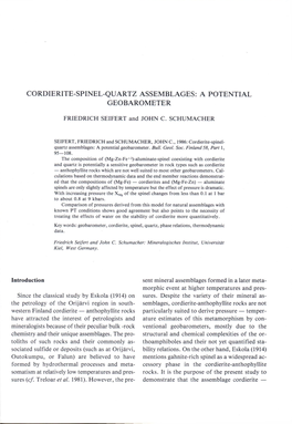 Cordierite-Spinel-Quartz Assemblages: a Potential Geobarometer