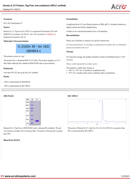 3/18/2021 Human IL-21 Protein, Tag Free, Low Endotoxin (HPLC Verified) Catalog # IL1-H5213