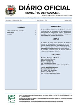 DIÁRIO OFICIAL MUNICÍPIO DE PAULICÉIA Conforme Lei Municipal Nº 86/2019, De 14 De Março De 2019