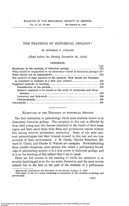 The First Instruction in Paleontology Which Most Students Receive Is in Elementary Historical Geology