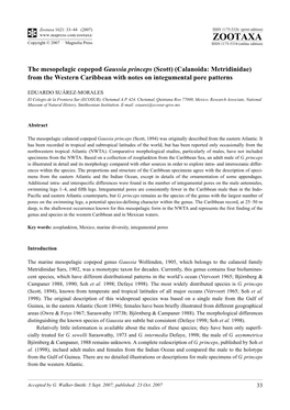 Zootaxa,The Mesopelagic Copepod Gaussia Princeps (Scott) (Calanoida: Metridinidae)