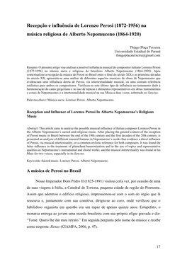 Recepção E Influência De Lorenzo Perosi (1872-1956) Na Música Religiosa De Alberto Nepomuceno (1864-1920)