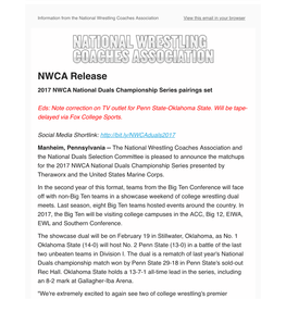 UPDATE COLLEGE WRESTLING 2017 NWCA National Duals