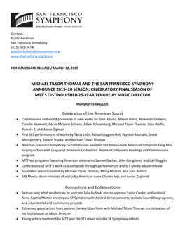 Michael Tilson Thomas and the San Francisco Symphony Announce 2019–20 Season: Celebratory Final Season of Mtt’S Distinguished 25-Year Tenure As Music Director