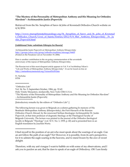 “The Mystery of the Personality of Metropolitan Anthony and His Meaning for Orthodox Slavdom”- Archimandrite Justin (Popovich)