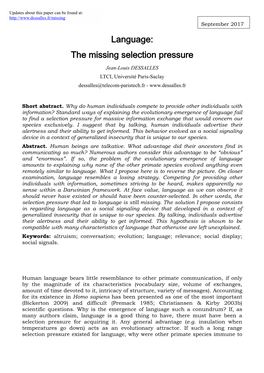 Language: the Missing Selection Pressure Jean-Louis DESSALLES LTCI, Université Paris-Saclay Dessalles@Telecom-Paristech.Fr