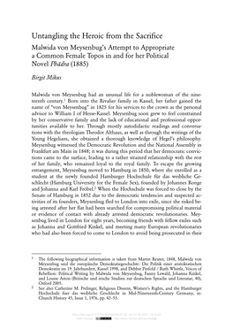 Untangling the Heroic from the Sacrifice Malwida Von Meysenbug’S Attempt to Appropriate a Common Female Topos in and for Her Political Novel Phädra (1885)