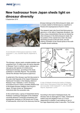 New Hadrosaur from Japan Sheds Light on Dinosaur Diversity 5 September 2019