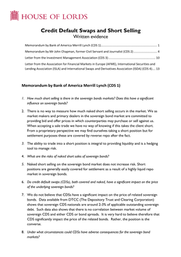 Credit Default Swaps and Short Selling Written Evidence