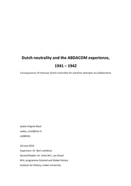 Dutch Neutrality and the ABDACOM Experience, 1941 – 1942