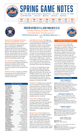 SPRING GAME NOTES New York Mets Media Relations Department • Citi Field • Flushing, NY 11368 718-565-4330 | Mets.Com | /Mets | @Mets | @Mets