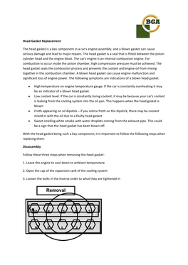 Head Gasket Replacement the Head Gasket Is a Key Component in a Car's