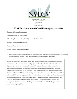 2016 Environmental Candidate Questionnaire