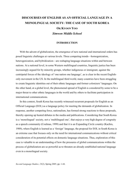 Discourses of English As an Official Language in a Monolingual Society: the Case of South Korea