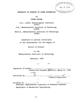 MECHANICS of BENDING of FIBER ASSEMBLIES by PETER POPPER B.S., Lowell Technological Institute S.M., Massachusetts Institute of T