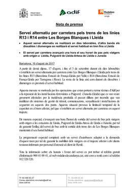 Servei Alternatiu Per Carretera Pels Trens De Les Línies R13 I R14 Entre Les Borges Blanques I Lleida