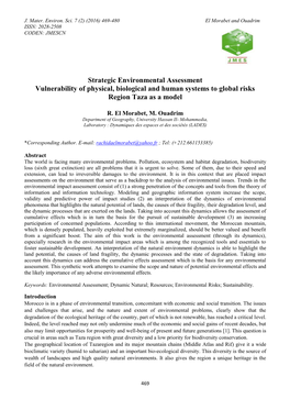 Strategic Environmental Assessment Vulnerability of Physical, Biological and Human Systems to Global Risks Region Taza As a Model