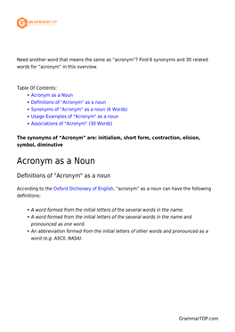 Acronym”? Find 6 Synonyms and 30 Related Words for “Acronym” in This Overview