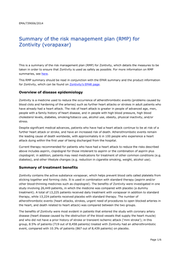 Summary of the Risk Management Plan (RMP) for Zontivity (Vorapaxar)