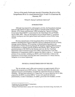 Survey of the Pearly Freshwater Mussels (Unionidae: Bivalvia) of the .Susquehanna River in a Reach Between Exits 14 And, 15 of Interstate 88, Oneonta, NY1