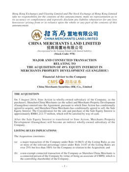 CHINA MERCHANTS LAND LIMITED 招商局置地有限公司 (Incorporated in the Cayman Islands with Limited Liability) (Stock Code: 978) LR 13.51A