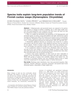 Term Population Trends of Finnish Cuckoo Wasps (Hymenoptera: Chrysididae)