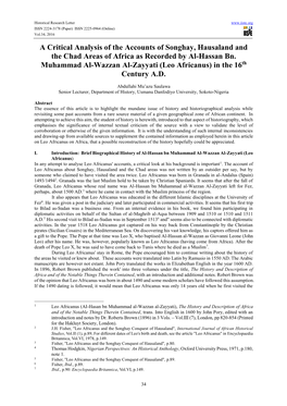 A Critical Analysis of the Accounts of Songhay, Hausaland and the Chad Areas of Africa As Recorded by Al-Hassan Bn