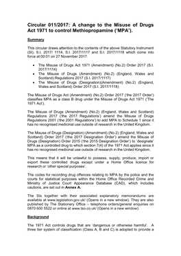 A Change to the Misuse of Drugs Act 1971 to Control Methiopropamine (‘MPA’)