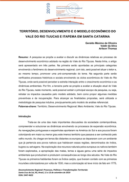 Território, Desenvolvimento E O Modelo Econômico Do Vale Do Rio Tijucas E Itapema Em Santa Catarina