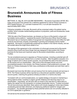 Brunswick Announces Sale of Fitness Business