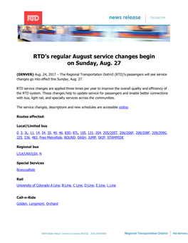 RTD's Regular August Service Changes Begin on Sunday, Aug. 27